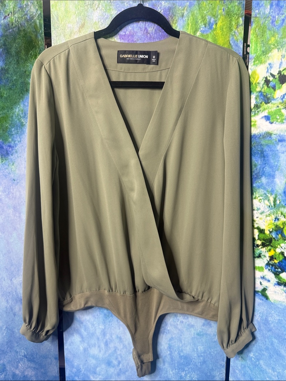 Gabrielle Union New York & Company Sage Green Surplice Bodysuit Blouse Medium